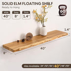 Live Edge Floating Shelf, 40 Inch Rustic Solid Elm Wood - Natural Wood Tone with Invisible Brackets, Wall Mounted for Living 