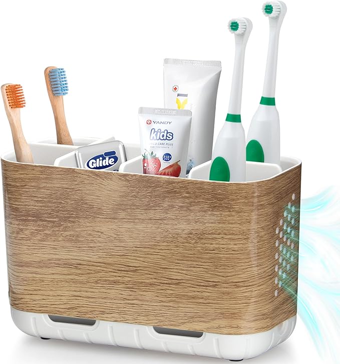 Boperzi Toothbrush and Toothpaste Holder Wood Grain for Bathroom Countertop with Adjustable Dividers, Toothpaste Caddy Organi