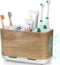 Boperzi Toothbrush and Toothpaste Holder Wood Grain for Bathroom Countertop with Adjustable Dividers, Toothpaste Caddy Organi