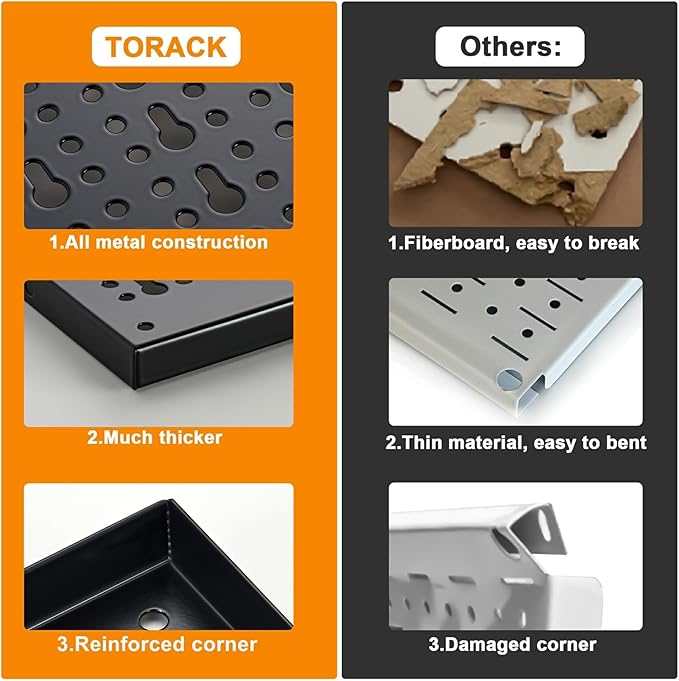 TORACK Metal Pegboard Wall Organizer System for Garage, 109PCS Kit with Pegboard Bins, Hooks, Peg Locks, Black Steel