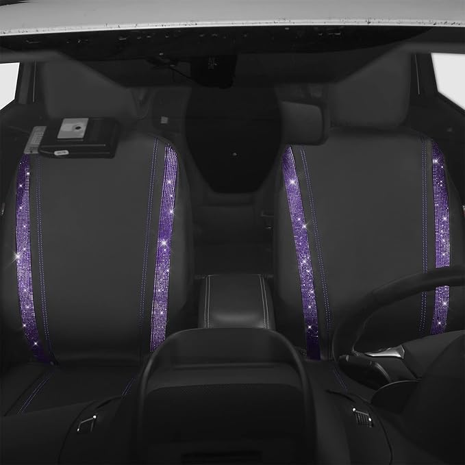 CAR PASS Leather Diamond Bling Car Seat Cover 2 Front Interior Sets, Waterproof Universal Shining Glitter Crystal Sparkle Fit for 95% Automotive Truck SUV Cute Women Girl, Black Purple Rhinestone