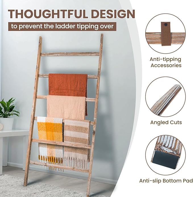 Blanket Ladder Shelf 6.4FT, 38 inch Wide Solid Wooden Blanket Ladder for Living Room, 6-Layer Farmhouse Rustic Towel Rack for