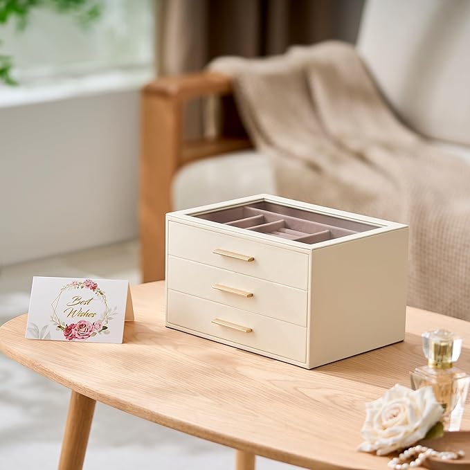 pickpiff Jewelry Box Organizer Case for Women: 3-Layer Jewelry Storage Case with Glass Window, Ivory Leather with Pink Velvet