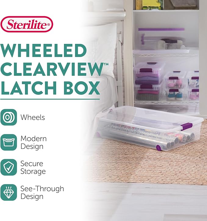 Sterilite 60 Qt ClearView Latch Wheeled Underbed Storage Box, Stackable Bin with Lid, Plastic Container to Organize Underbed,