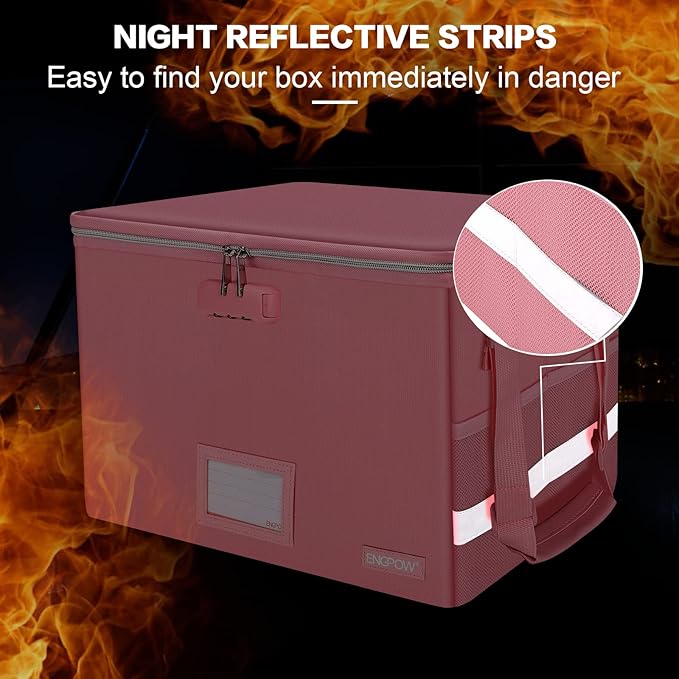 ENGPOW File Box with Lock, Fireproof Document Box with Pockets, Collapsible File Organizer Filing Storage Cabinet with Handle