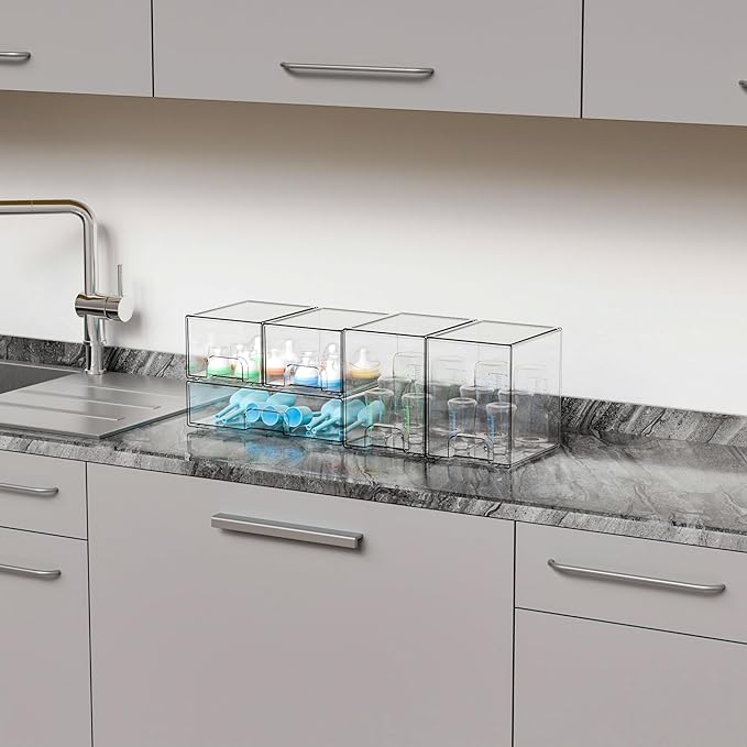 Yieach 5 Set Clear Stackable Storage Drawers and Acrylic Drawer Organizer,BPA Free Baby Bottle Organizer for Countertop and B