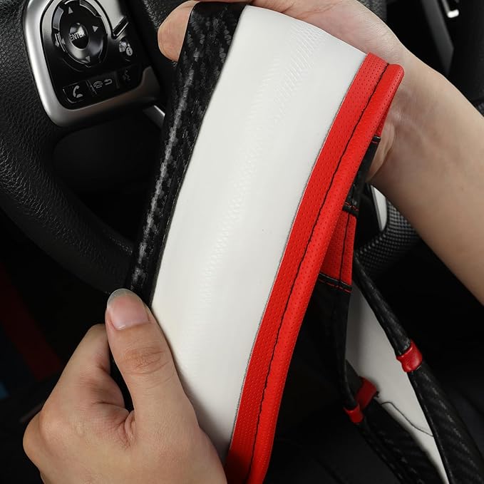West Llama Carbon Fiber Car Steering Wheel Cover for Honda,Anti-Slip, Full Surround Breathable Leather Auto Protector(Black+R