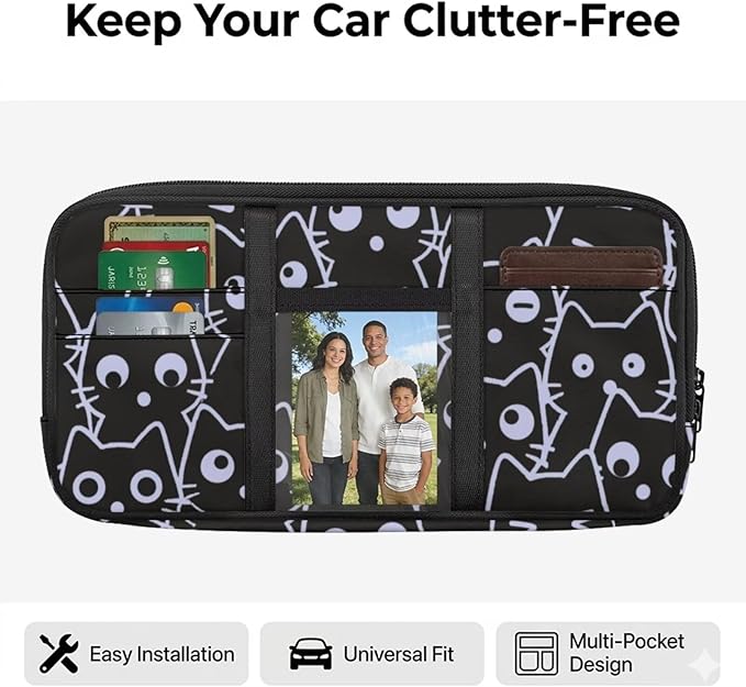 Black Cat Sun Visor Organizer for Trucks,Car SUV Storage Pouch Holder with Multi-Pocket Zipper Document Holder for Insurance, Pen, Chapstick