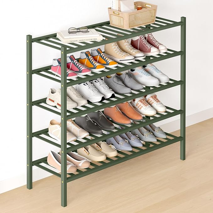 Smiry Bamboo Shoe Rack for Closet, 5 Tier Long Wooden Stackable Shoe Organizer, Free Standing Shoes Storage Shelf for Entrywa