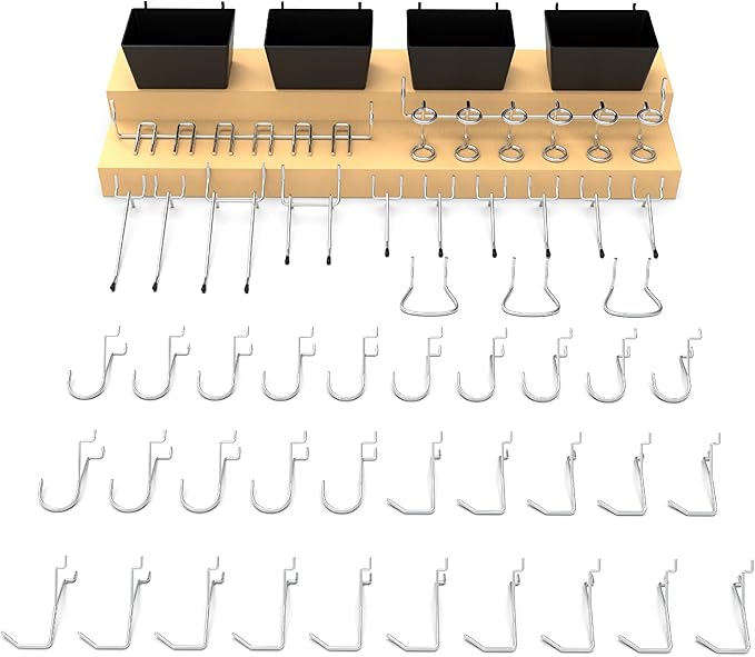 HUHOLE 49 Piece Pegboard Hooks Assortment Kit with Pegboard Bins Garage Tool Organizer Set Fits 1/8 and 1/4 Inch Peg Board Ac