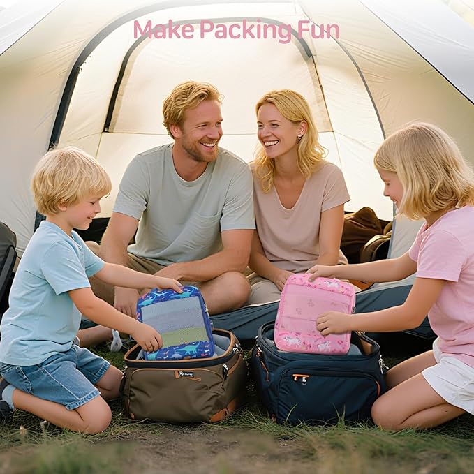Kids Compression Packing Cubes, 4 Piece Set for Carry On Suitcase, Water Resistant Travel Luggage Organizers with Shoe Bag, T