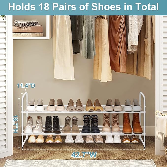 AOODA Long 2 Tier Shoe Rack for Closet Metal Wide Stackable Shoe Storage Organizer for Entryway, Bedroom, Floor, 18-Pairs Low