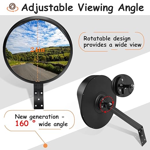 Convex Safety Mirror 𝟮𝟰" 𝗔𝗿𝗰𝘆𝗹𝗶𝗰 𝗗𝗿𝗶𝘃𝗲𝘄𝗮𝘆 𝗠𝗶𝗿𝗿𝗼𝗿, Outdoor Security Mirror Extends View with Adjustable for Bracket, Warehouse, Parking, Garage, Office, Home, Factory