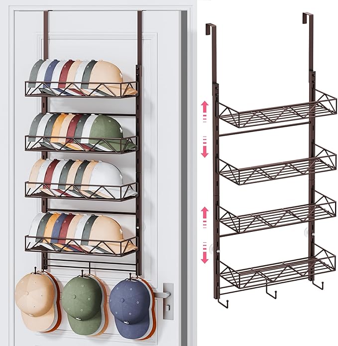 SWTYMIKI Over Door Hat Organizer - 5 Tier Wall Mounted Hat Rack with 4 Adjustable Metal Basket and 3 Hooks, Hanging Baseball 