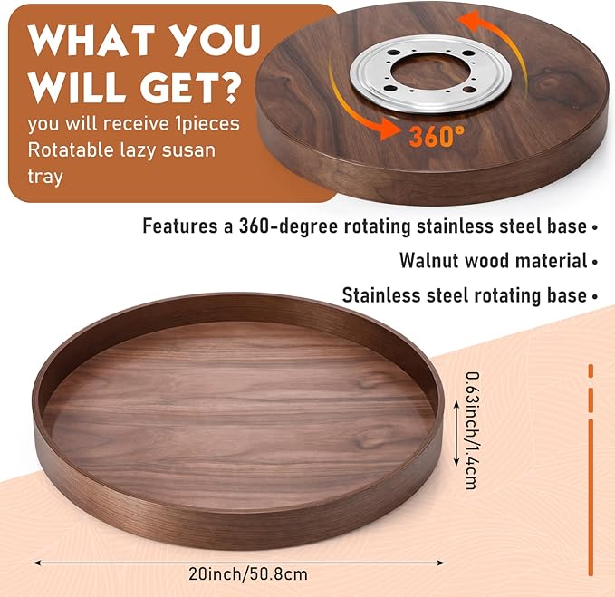 Leinuosen 20'' Walnut Wood Lazy Susan for Countertop Large Turntable Rotating Serving Tray for Table Top Non Skid Kitchen Tra