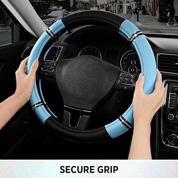 Road Comfort Leather Steering Wheel Cover – Premium Anti-Slip Car Steering Wheel Grip Cover – Universal Fit for 14.5”–15.5” C