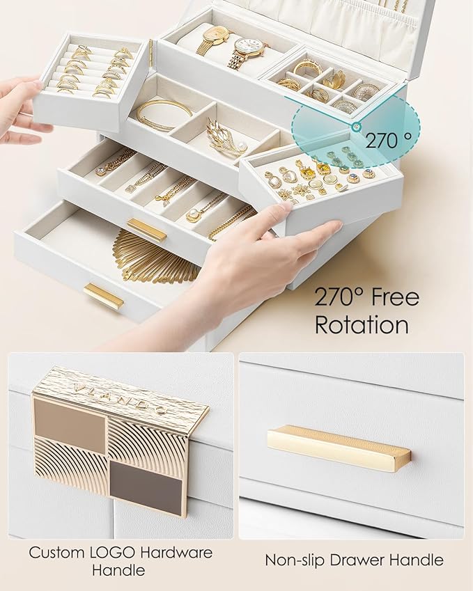 Vlando 4 Layers Jewelry Box - Women Jewelry Box with Retractable Tray - Jewelry Organizer with Drawer for Necklaces, Rings, B