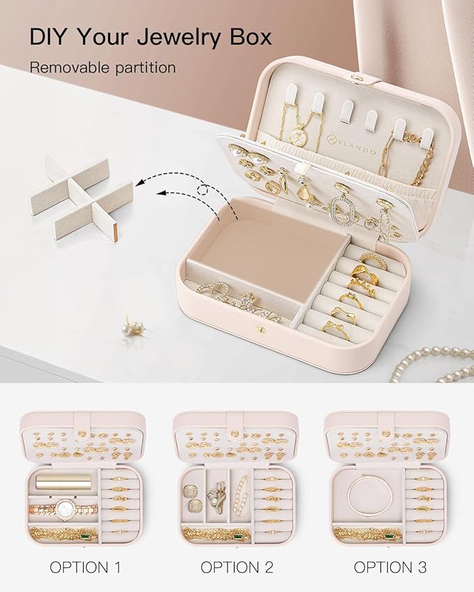 VLANDO Travel Jewelry Case, PU Leather Travel Jewelry Box with Earring Holder, Portable Display Small Jewelry Box for Mothers
