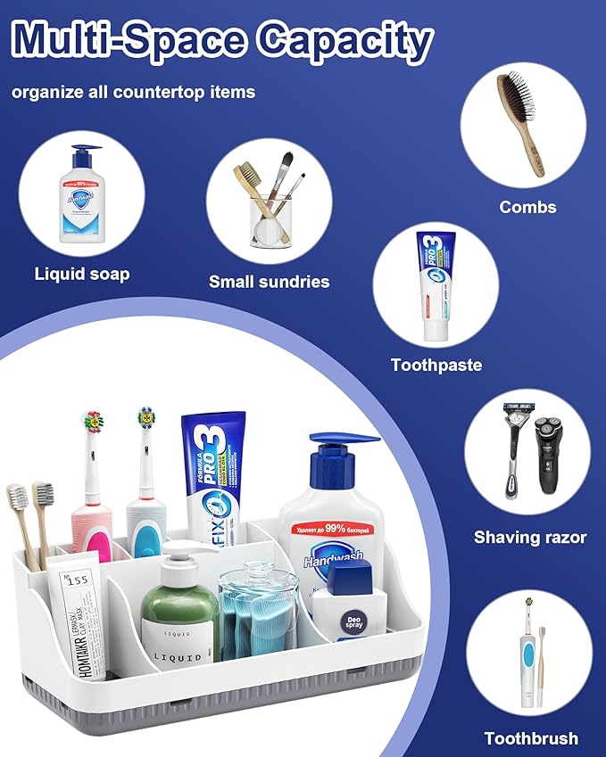 Bathroom Counter Organizer and Storage with 2 Pack Qtip Holder Dispenser, 7 Slots Detachable Toothbrush Holders for Bathrooms