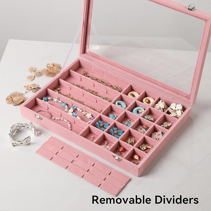 Frebeauty 40 Grid Jewelry Tray,Adjustable Earring Holder Organizer with Glass Lid,Velvet Drawer Jewelry Organizer for Rings,S