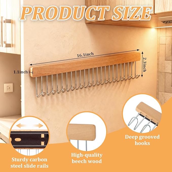 Yookeer 2 Pack Belt Organizer Pull out for Closet Belt Hanger Wall Mounted 16.1 Inch Valet Rods Ties Racks Extending with 12 