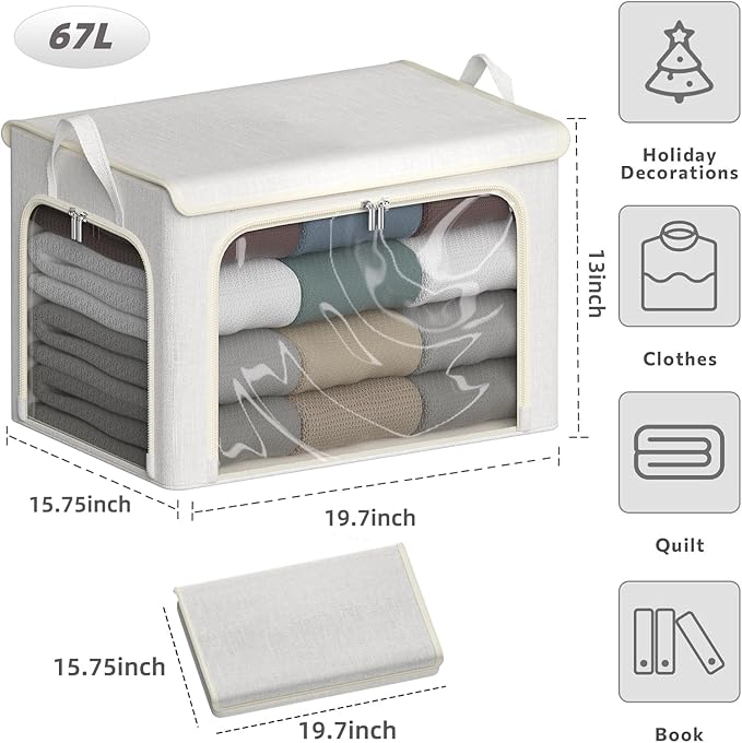 4 Pack Clothes Storage Bins with Metal Frame - 66L Stackable Storage Box with Lid，Foldable Storage Container Organizer for Cl