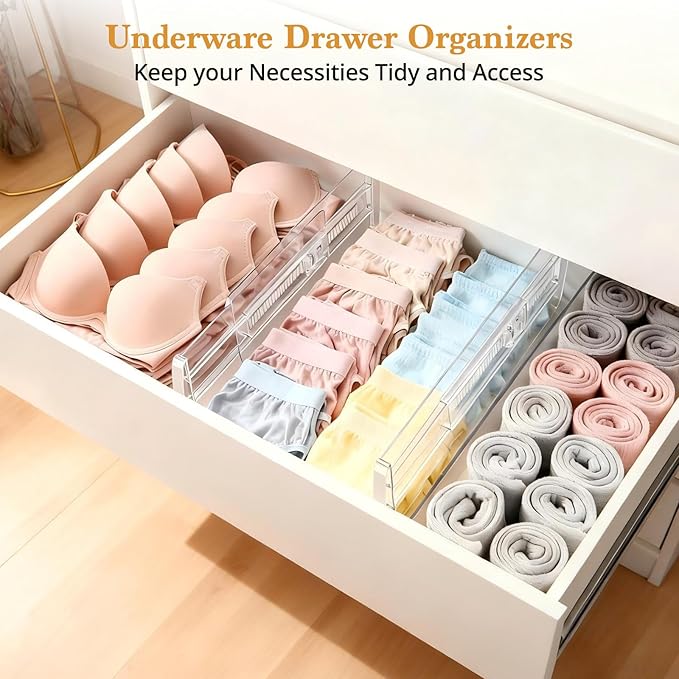 6 Pack Drawer Dividers for Clothes, 4" High 10.6"-16.9" Adjustable Drawer Dividers Expandable Dresser Drawer Organizer, Clear