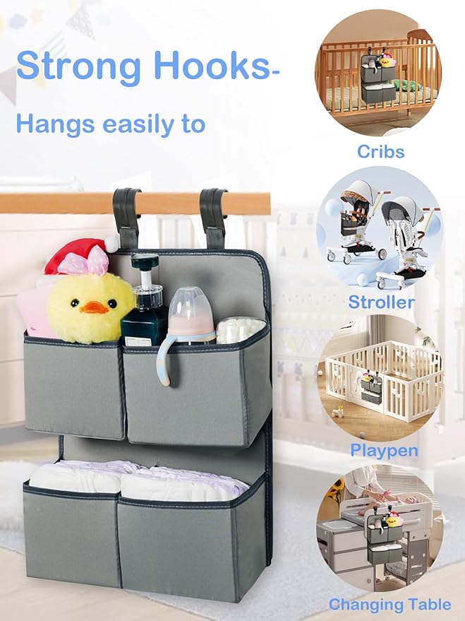 Hanging Diaper Organizer for Crib/Playpen/Bassinet – Hold 80+ Diapers - 4 Deep Pockets-H19in x L15 in Changing Table Diaper H