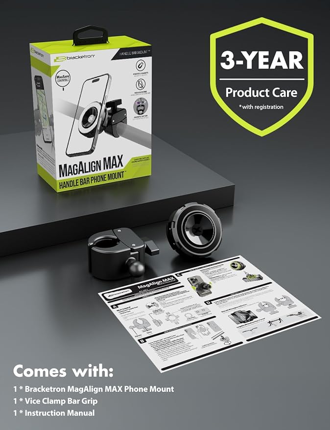 Bracketron MagSafe Bike Mount - MagAlign MAX Magnetic Phone Holder for Bike, Handlebar Phone Mount with Strong Magnetic Suction & 360° Rotation