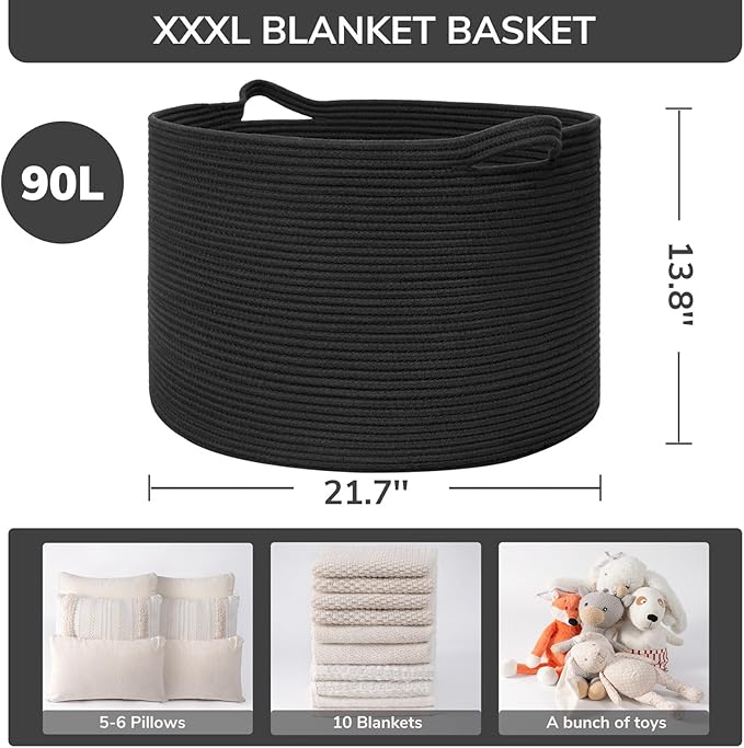 INDRESSME XXXLarge Blanket Basket 21.7" x 21.7" x 13.8" Woven Storage Baskets Soft Cotton Rope Toy Baskets Storage Kids Decor