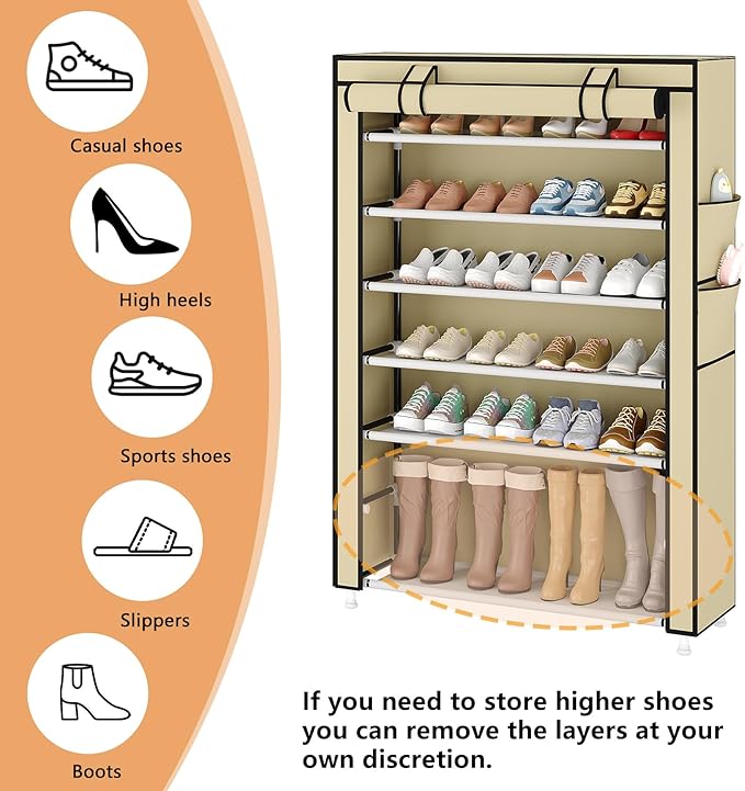 Laiensia 7-Tier Vertical Shoe Rack Organizer, Space Saving Shoe Storage Organizer, Non-Woven Cover Shoe Shelf Holds 28-35 Pai
