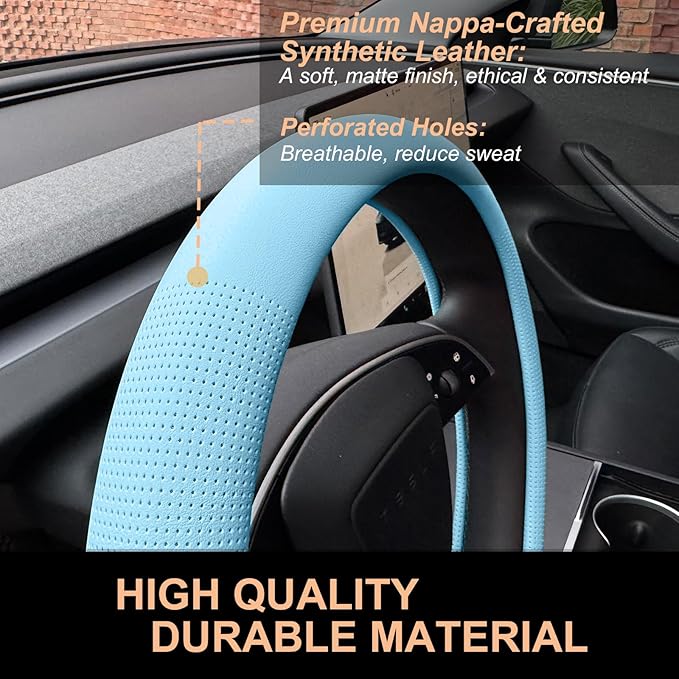 PINCTROT Nappa Leather Steering Wheel Cover for Tesla Model Y/3 Highland/Juniper, D Shaped 14 Inch Small Sized with Breathabl