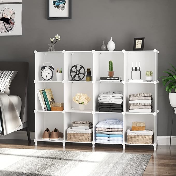 AWTATOS Cube Storage Organizer Storage 12 Cube Bookshelf DIY Plastic Closet Clothes Storage Shelves with Wooden Mallet, Stack