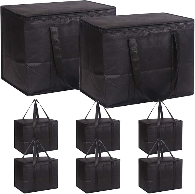 Set of 8 Large Insulated Reusable Grocery Bags with Sturdy Zipper and Handles, Foldable Washable Heavy Duty Cooler Totes for Hot or Cold Food Delivery, Groceries, Travel, Shopping