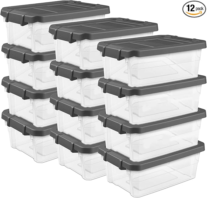 Sterilite 12-Pack Modular Stacker Box, Durable Clear Plastic Storage Bins with Latching Lids, 16 Quart - Stackable Organizing