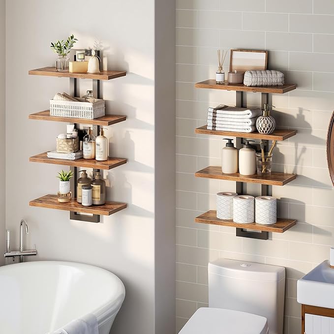 HOOBRO Floating Shelves, 15 Inch Wall Shelf Set of 4, Wall Mounted Storage Shelves 2-Tier, Hanging Bathroom Shelves, for Livi