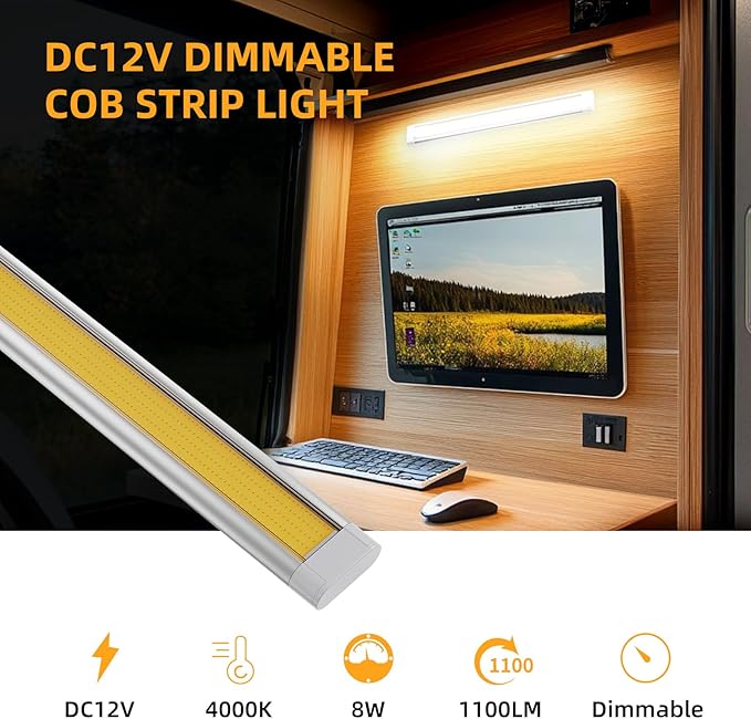12V Light Strip, 12 Volt Light Bar, Enclosed Trailer Lights, COB Light for RV Interior, String Lights for Trailer, Truck, Van, RV(4Pack, 4000K, Silver)
