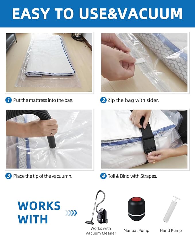 Vacuum Storage Bags for moving, Vacuum Seal Bags for Memory Foam, Latex, Clothing & Bedding, Space Saver Bags for Organizatio