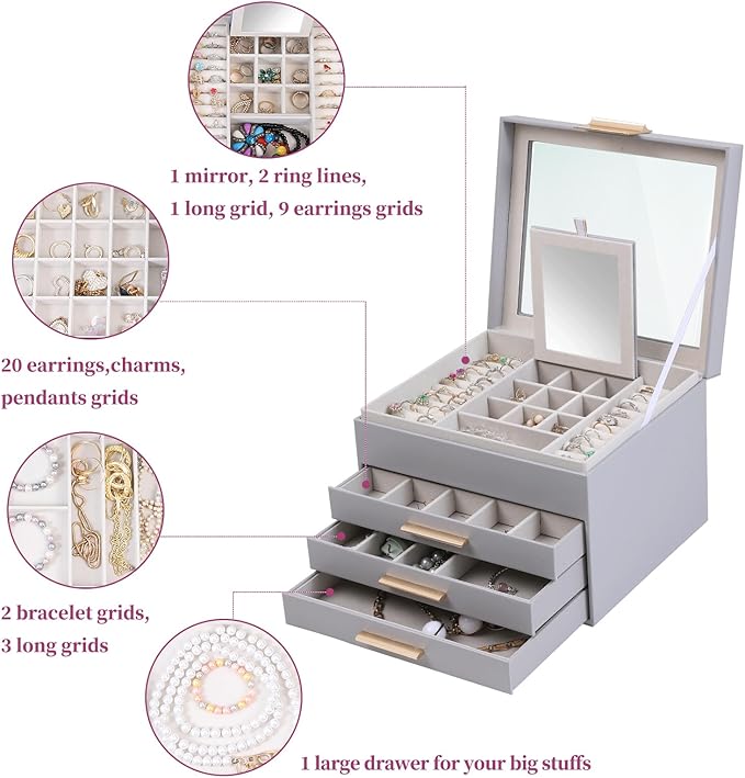 BOOVO Clear Lid Jewelry Box,4 Layers Jewelry Organizer Large Jewelry Storage Box with 3 Drawers,Jewelry Holder Organzier of R