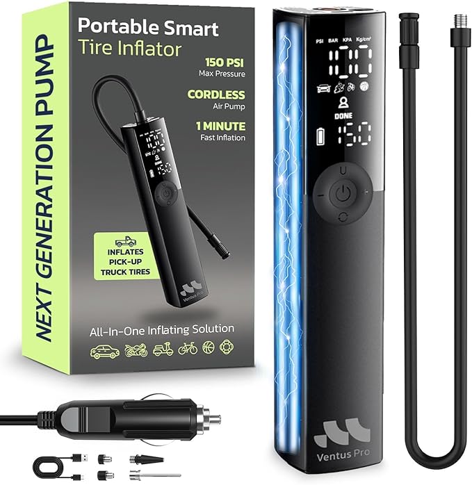 Ventus Pro Tire Inflator Portable Air Compressor, 3X Faster, 150PSI Air Pump for Car Tires, Tire Pump, with 12V DC Cord for Trucks & Off-Road Tires, Auto Shut Off-by Woowind