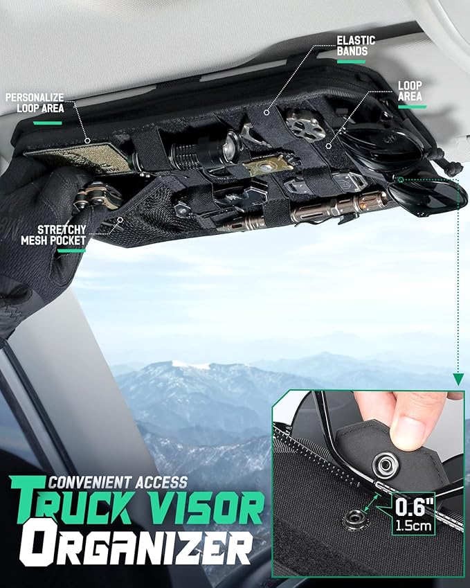 LIVANS Tactical Car Sun Visor Organizer, Automotive Semi-Rigid MOLLE Panel with Zipper Storage Pouch & Glasses Clip, Universal Fit for Trucks, SUVs, Jeeps & Patrol Vehicles (Black)