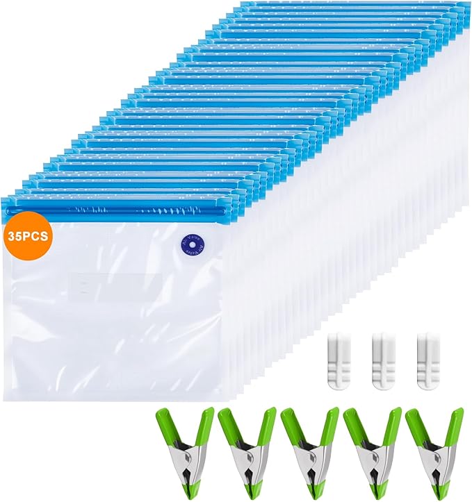 Reusable Sous Vide Bags 43Pcs BPA-Free, 4.3L Vacuum Sealer Bags for Cooking & Microwave, 35 Zipper Bags, 3 Seal Clips ＆ 5 Coo