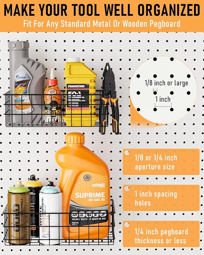 INCLY 4 Pack Pegboard Baskets Bins Set, 4 Size Square Style Black Metal Wire Basket for Any Peg Board Organizing Tools, Pegbo