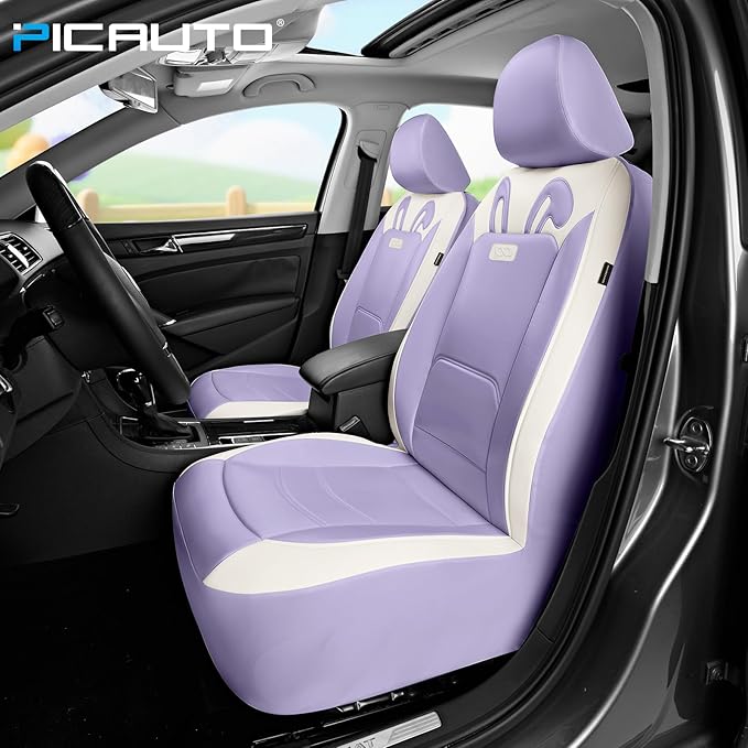 PIC AUTO Car Seat Covers, Cute Rabbit Premium Purple Leather Seat Covers, Universal Fit Front Seat Covers for Cars, Trucks, S