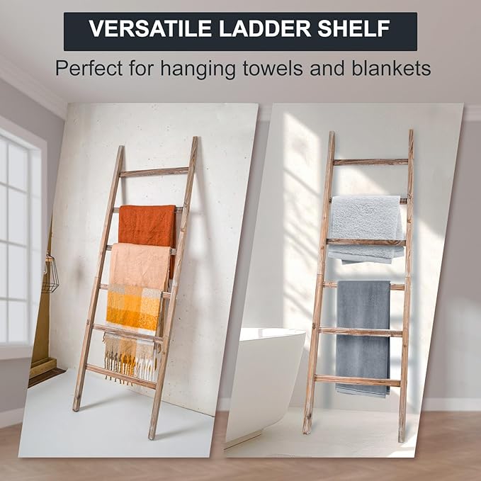 Blanket Ladder 6.4FT, Wooden Blanket Ladders for The Living Room, 6-Layer Farmhouse Rustic Towel Rack for Living Room Bathroo