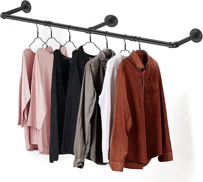 Clothes Hanger Pole Wall Mount, 72" Heavy Duty Detachable Black Iron Garment Bar Hanging Rod Holder, Clothes Rail Shelf Wardr