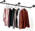 Clothes Hanger Pole Wall Mount, 72" Heavy Duty Detachable Black Iron Garment Bar Hanging Rod Holder, Clothes Rail Shelf Wardr