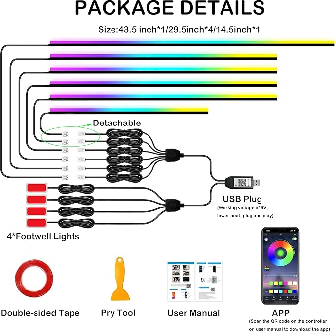 Interior Car LED Strip Lights, RGB 10 in 1 Dynamic Dreamcolor Chasing Acrylic LED Lights for Car, USB Powered Ambient Lighting Kits with Wireless APP, Sound Active Function Car Neon Lights (10 in 1)
