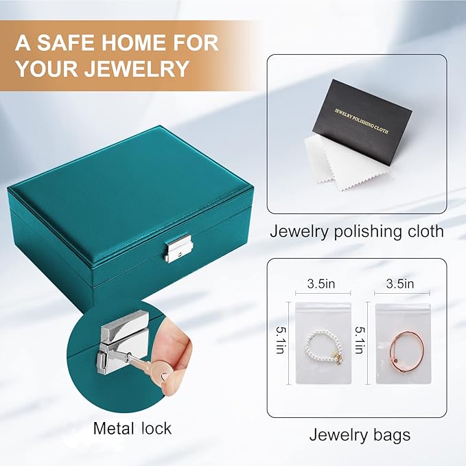 Jewelry Organizer Box Leather Jewelry Box for Girls Womens Earring Organizer with Lock Double Layers Jewelry Case Removable T
