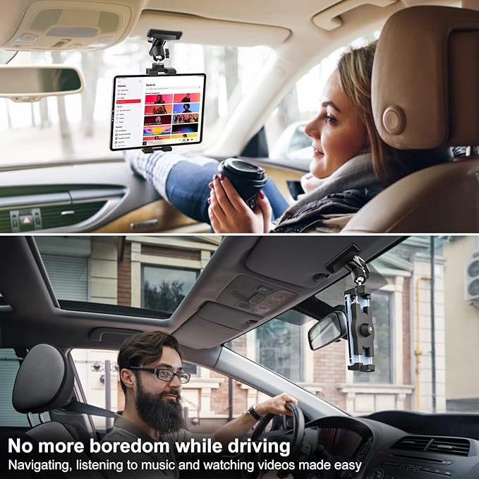 GDZN Car Sun Visor Tablet Mount, [Metal Clip] Multi Functional Tablet Holder for Car Visor, 360° Adjustable Steering Wheel iPad Clamp for iPad Pro, Air Mini, Galaxy Tab, iPhone, 4.7-113" Device
